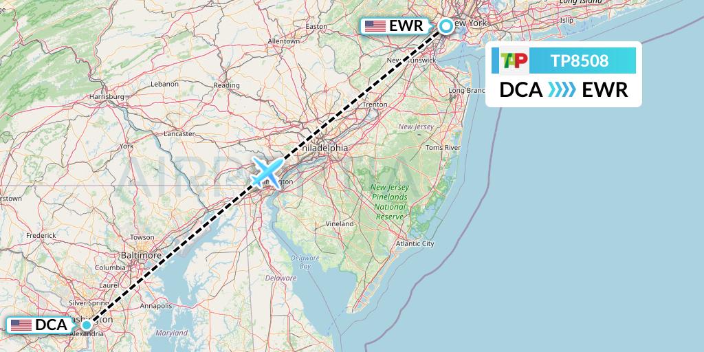 TP8508 TAP Portugal Flight Map: Washington to New York