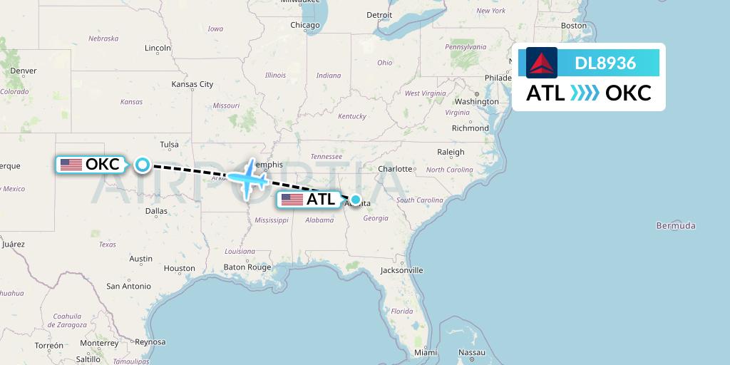 DL8936 Delta Air Lines Flight Map: Atlanta to Oklahoma City