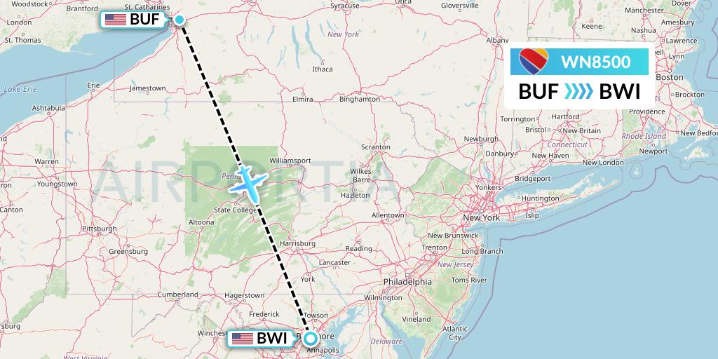WN8500 Southwest Airlines Flight Map: Buffalo to Baltimore