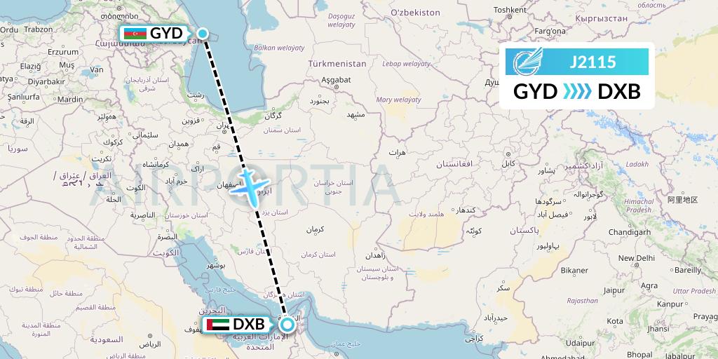 J2115 Azerbaijan Airlines Flight Map: Baku to Dubai