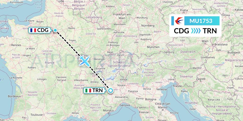 MU1753 China Eastern Airlines Flight Map: Paris to Turin