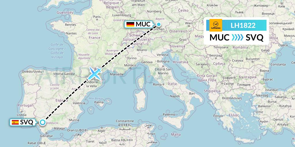 LH1822 Lufthansa Flight Map: Munich to Seville