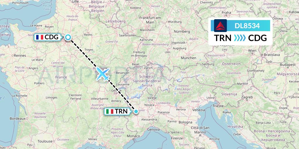 DL8534 Delta Air Lines Flight Map: Turin to Paris
