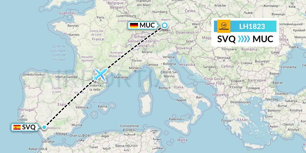 LH1823 Lufthansa Flight Map: Seville to Munich