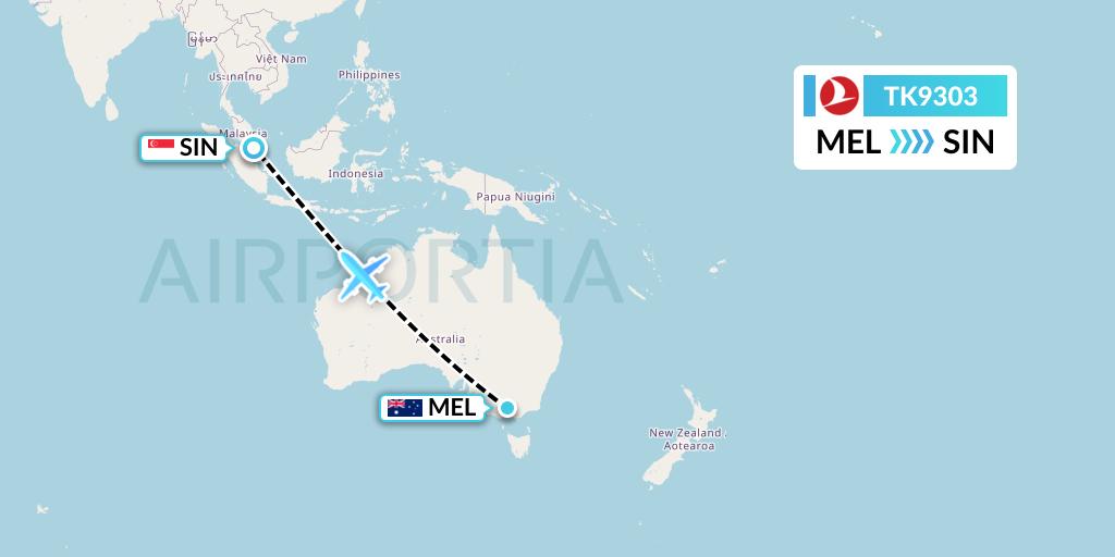 TK9303 Turkish Airlines Flight Map: Melbourne to Singapore