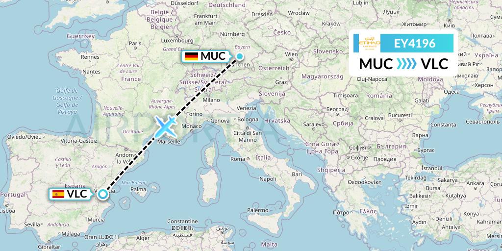 EY4196 Etihad Airways Flight Map: Munich to Valencia