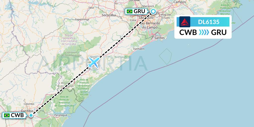 DL6135 Delta Air Lines Flight Map: Curitiba to Sao Paulo