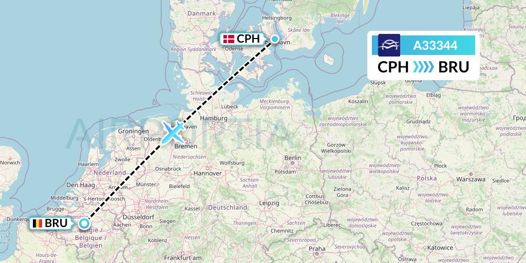 A33344 Aegean Airlines Flight Map: Copenhagen to Brussels