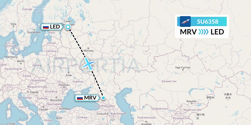 SU6358 Aeroflot Flight Map: Mineralnye Vody to St. Petersburg
