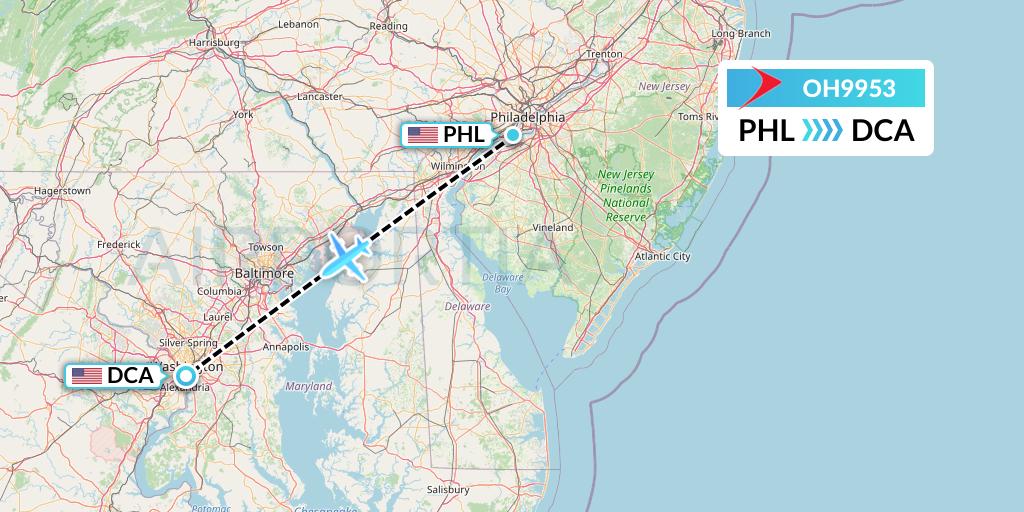 OH9953 PSA Airlines Flight Map: Philadelphia to Washington
