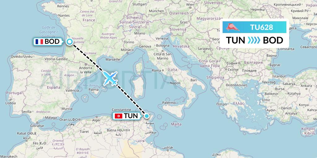 TU628 Tunisair Flight Map: Tunis to Bordeaux