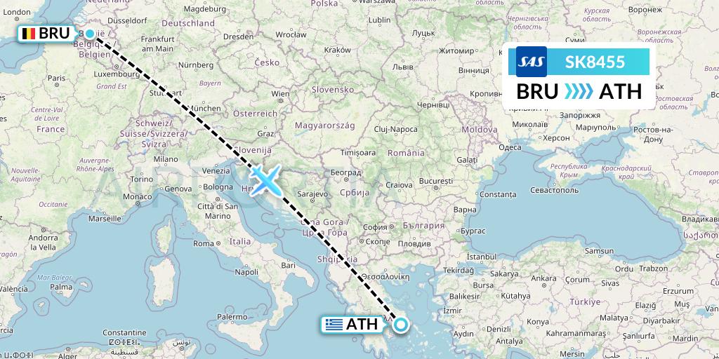 SK8455 SAS Flight Map: Brussels to Athens