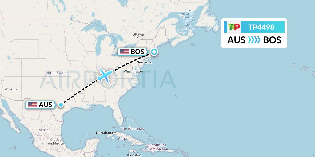 TP4498 TAP Portugal Flight Map: Austin to Boston