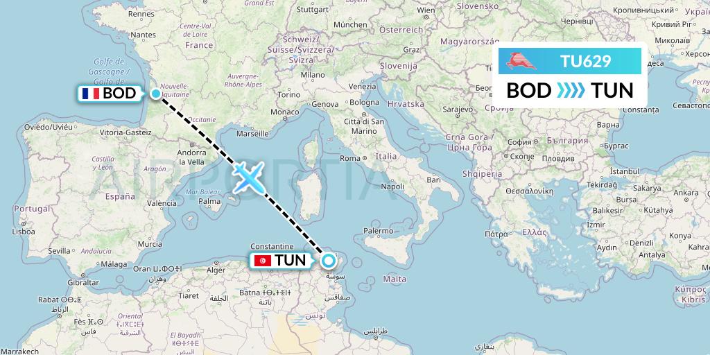 TU629 Tunisair Flight Map: Bordeaux to Tunis