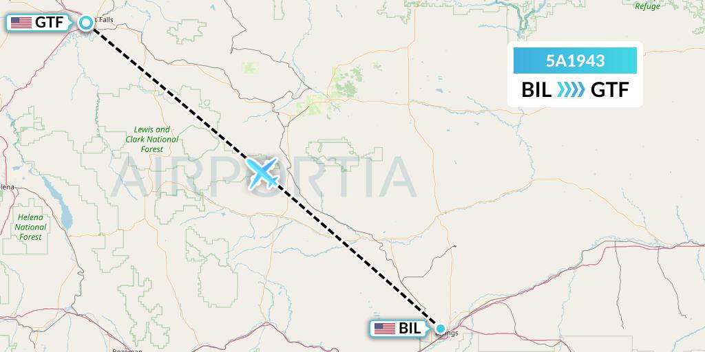 5A1943 Alpine Air Express Flight Map: Billings to Great Falls