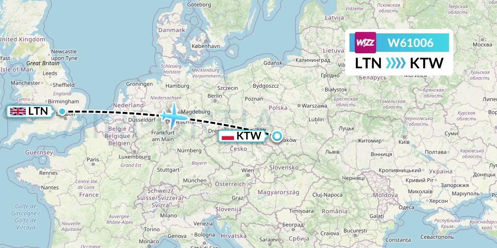 W61006 Wizz Air Flight Map: London to Katowice