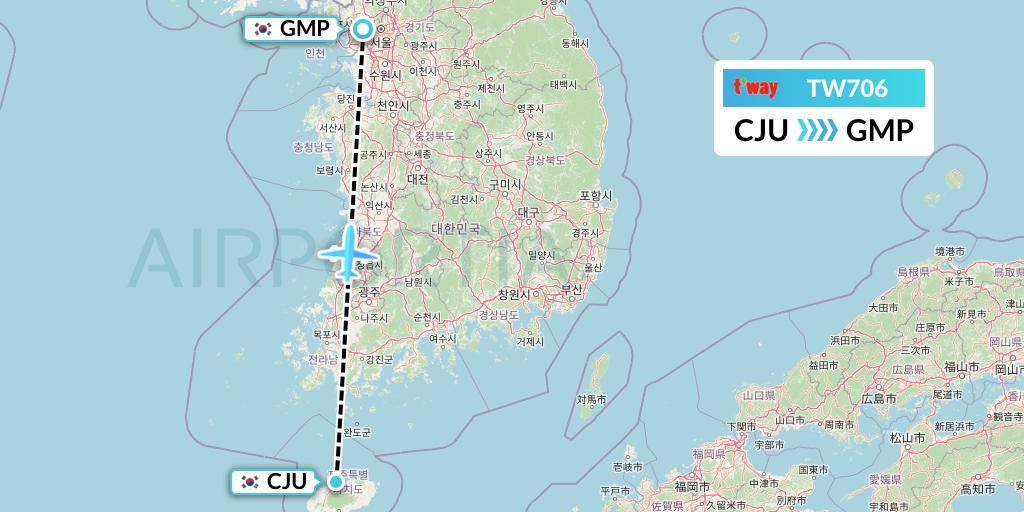 TW706 T'way Air Flight Map: Jeju to Seoul