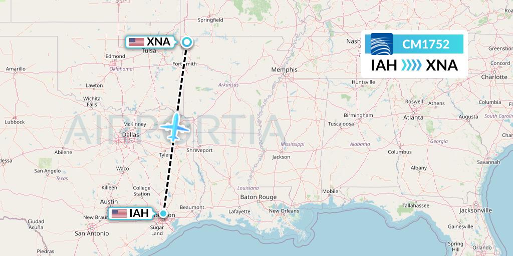 CM1752 Copa Airlines Flight Map: Houston to Bentonville