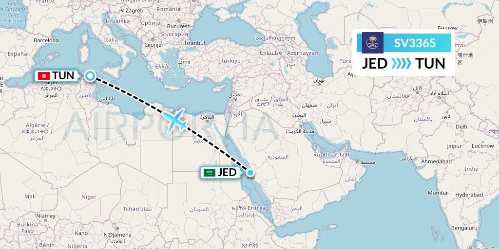 SV3365 Saudi Arabian Airlines Flight Map: Jeddah to Tunis