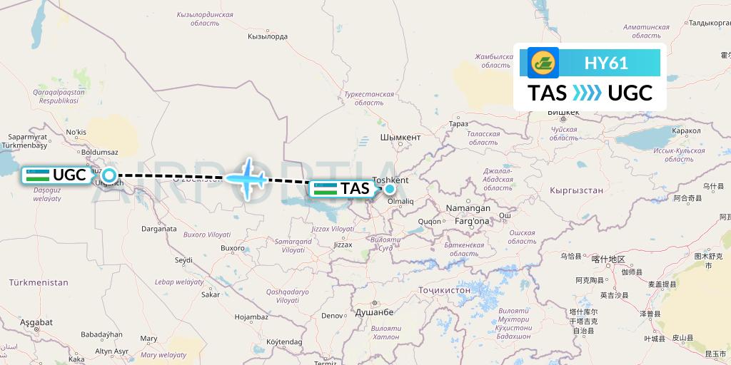 HY61 Uzbekistan Airways Flight Map: Tashkent to Urgench