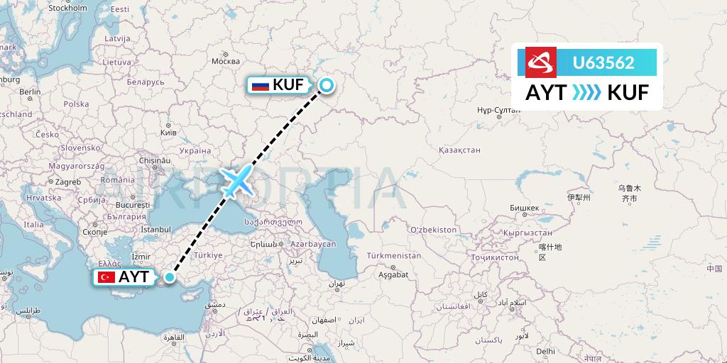 U63562 Ural Airlines Flight Map: Antalya to Samara