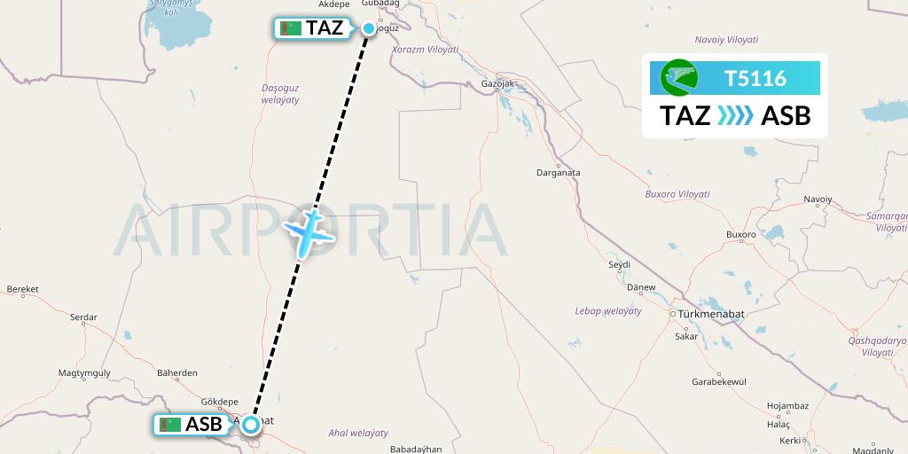 T5116 Turkmenistan Airlines Flight Map: Dasoguz to Ashgabat