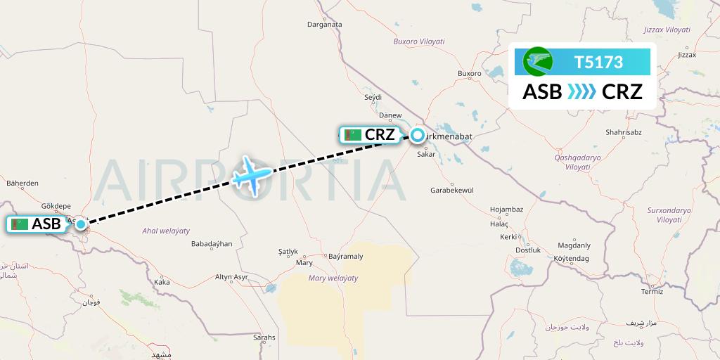 T5173 Turkmenistan Airlines Flight Map: Ashgabat to Turkmenabat