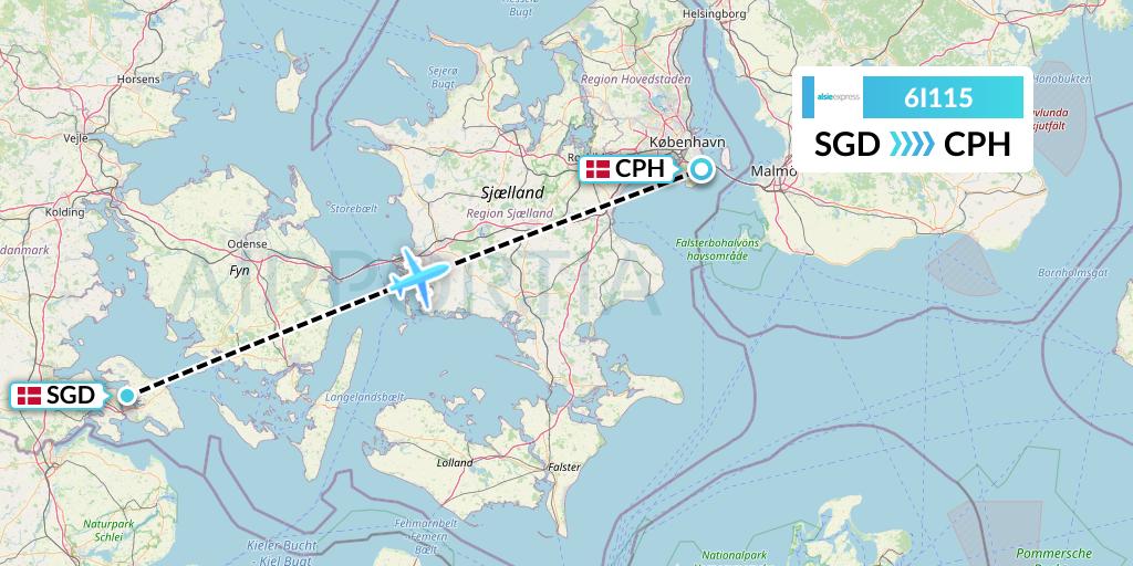 6I115 Air Alsie Flight Map: Sonderborg to Copenhagen