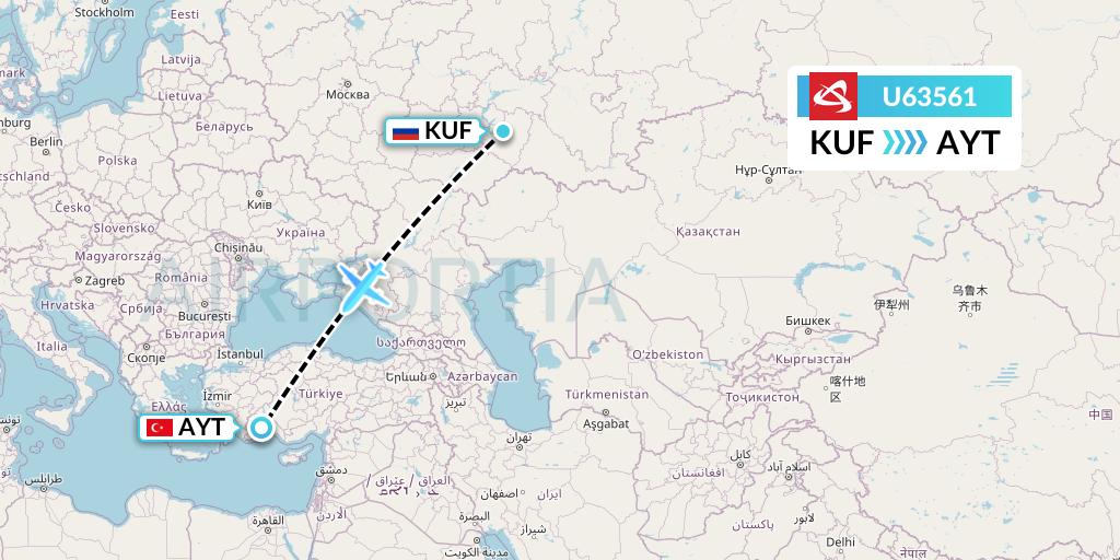 U63561 Ural Airlines Flight Map: Samara to Antalya
