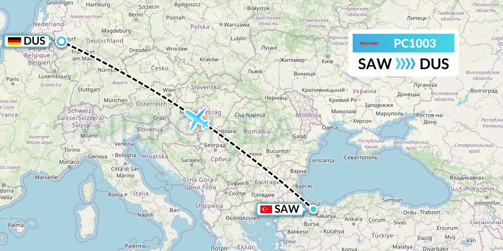 PC1003 Pegasus Airlines Flight Map: Istanbul to Dusseldorf