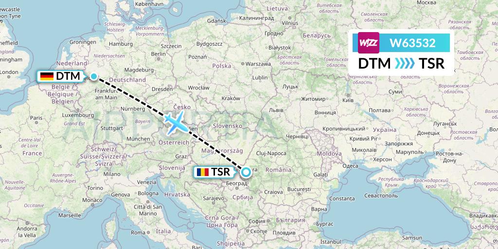 W63532 Wizz Air Flight Map: Dortmund to Timisoara