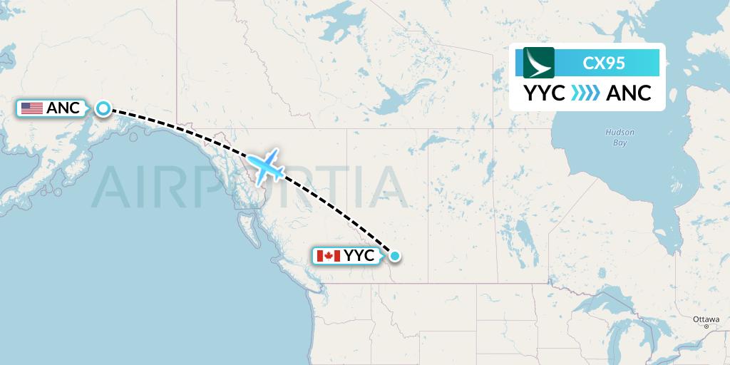 CX95 Cathay Pacific Flight Map: Calgary to Anchorage