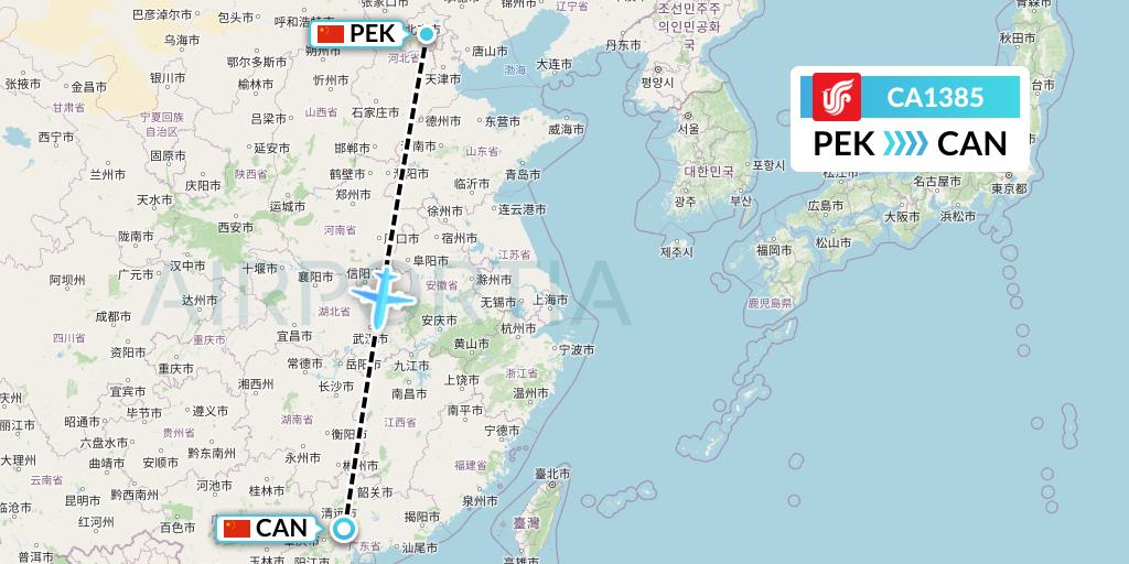 CA1385 Air China Flight Map: Beijing to Guangzhou