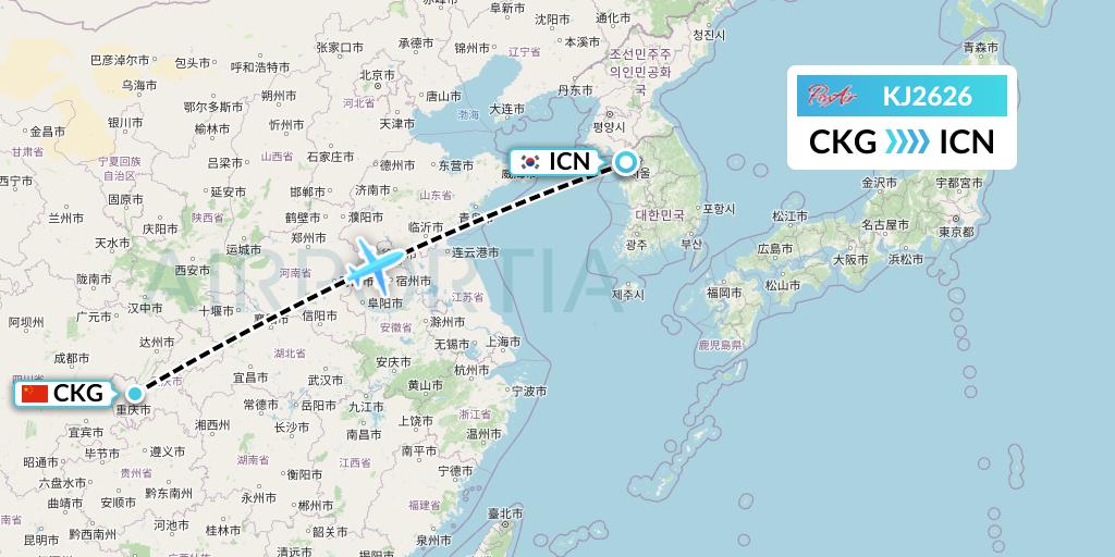 KJ2626 Air Incheon Flight Map: Chongqing to Seoul