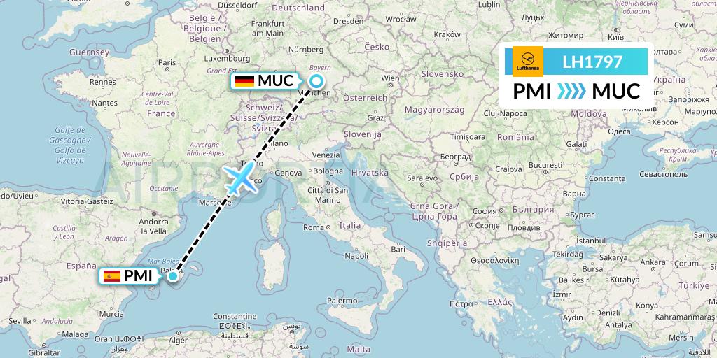 LH1797 Lufthansa Flight Map: Palma de Mallorca to Munich