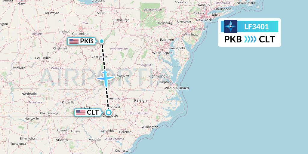 LF3401 Corporate Flight Management Flight Map: Parkersburg to Charlotte