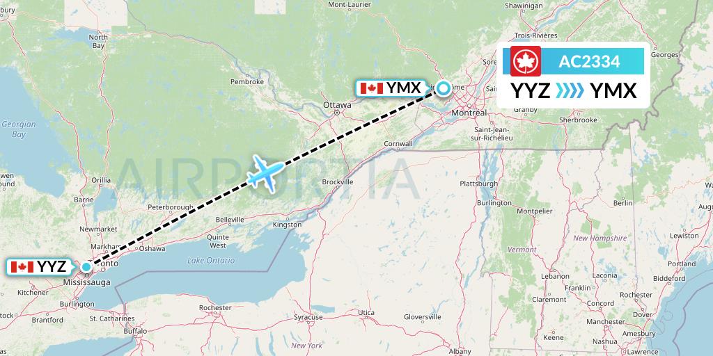 AC2334 Air Canada Flight Map: Toronto to Montreal