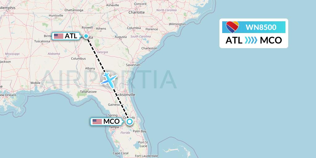 WN8500 Southwest Airlines Flight Map: Atlanta to Orlando