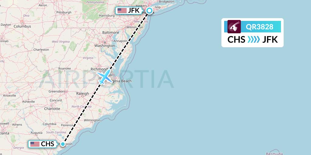 QR3828 Qatar Airways Flight Map: Charleston to New York