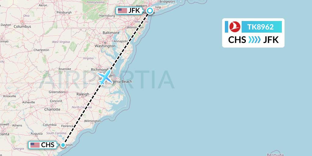 TK8962 Turkish Airlines Flight Map: Charleston to New York