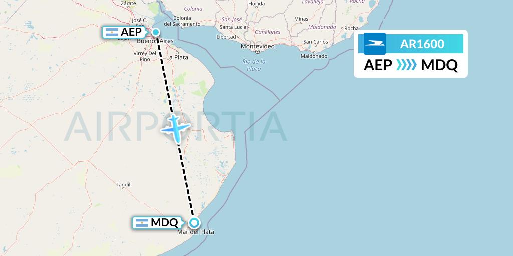AR1600 Aerolineas Argentinas Flight Map: Buenos Aires to Mar del Plata