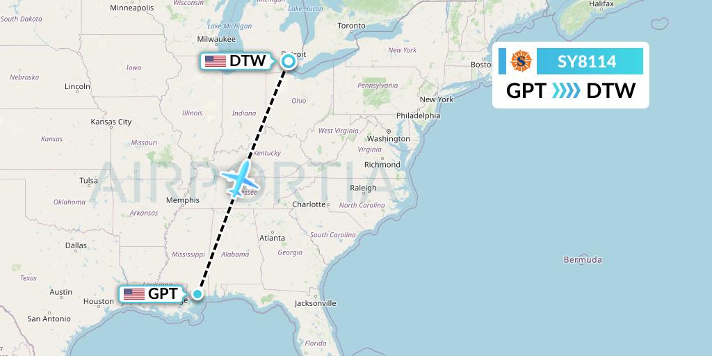 SY8114 Sun Country Airlines Flight Map: Gulfport to Detroit