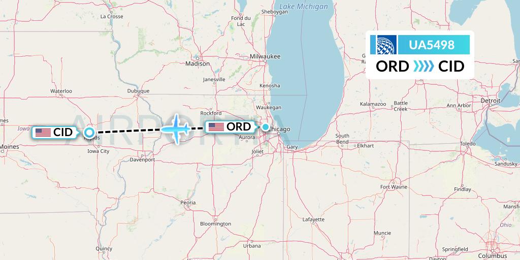 UA5498 United Airlines Flight Map: Chicago to Cedar Rapids