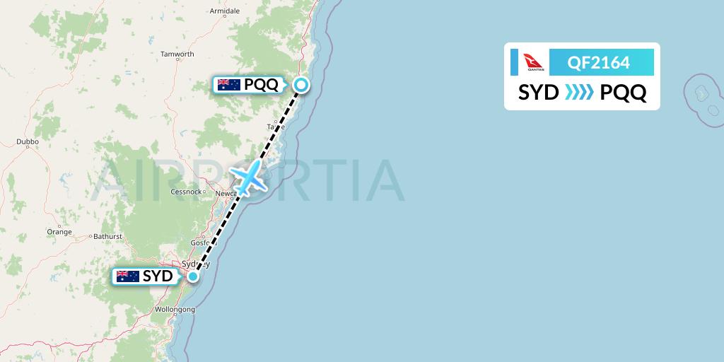 QF2164 Qantas Flight Map: Sydney to Port Macquarie
