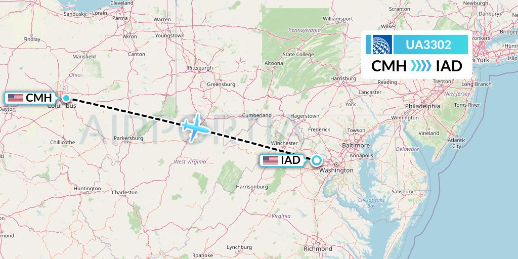 UA3302 United Airlines Flight Map: Columbus to Washington