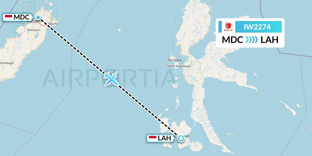 IW2274 Wings Air Flight Map: Manado to Labuha-Halmahera Island