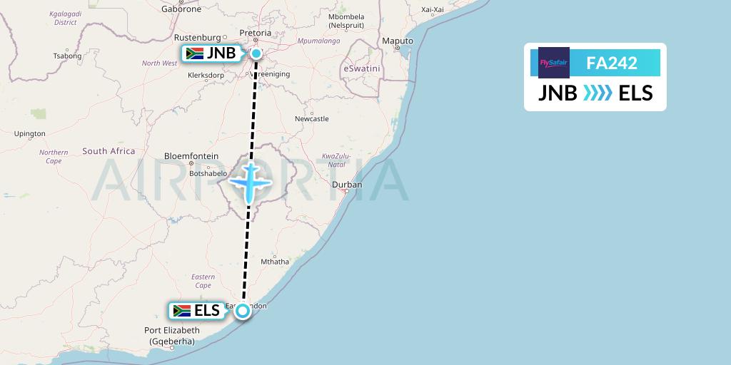 FA242 Safair Flight Map: Johannesburg to East London