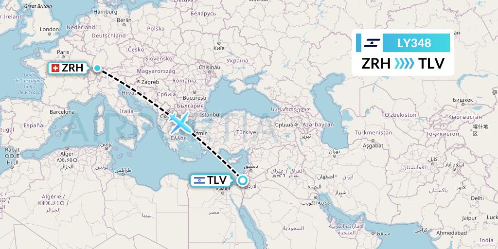 LY348 El Al Flight Map: Zurich to Tel Aviv