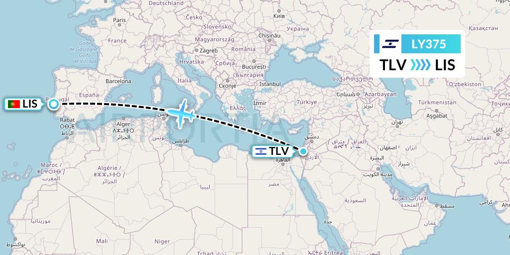 LY375 El Al Flight Map: Tel Aviv to Lisbon