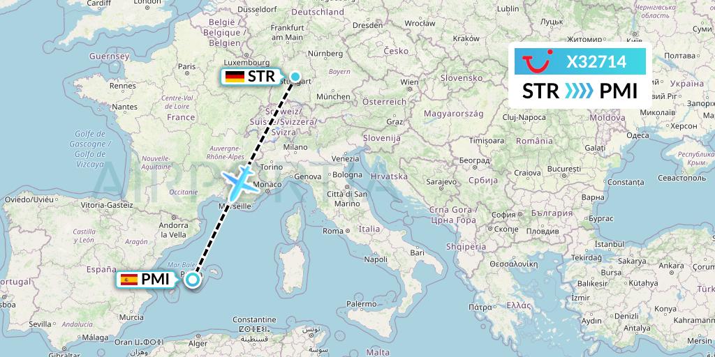 X32714 TUI fly Germany Flight Map: Stuttgart to Palma de Mallorca